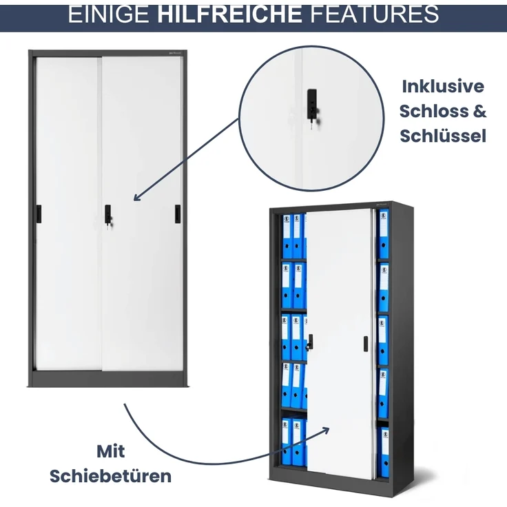 Aktenschrank abschließbar ROLF - Schiebetüren, 5 Ebenen | Büroschrank aus Stahl Metallschrank Werkstatt Mehrzweckschrank Werkzeugschrank, 185x90x40cm Anthrazit-Weiß – Bild 5