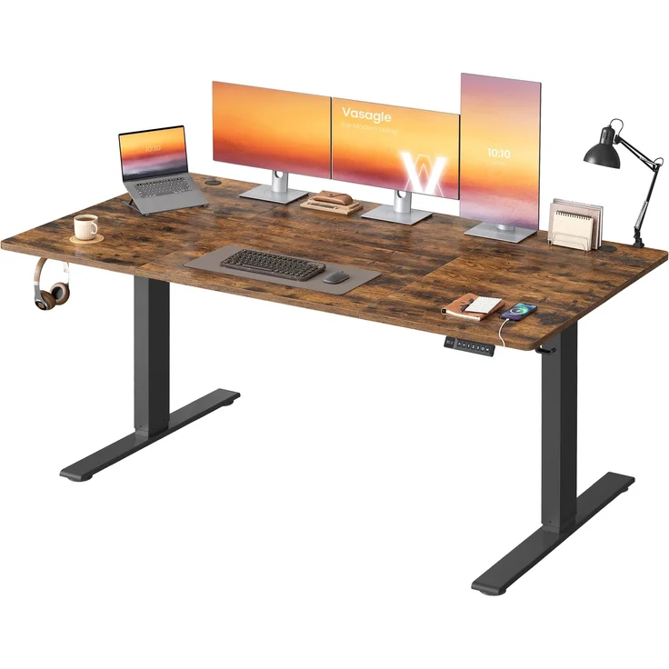VASAGLE Höhenverstellbarer Schreibtisch, 180x80 cm, USB-C-Anschluss, Ablage für Steckdosenleiste, Stehtisch, Erinnerung bei langem Sitzen, 3 Speichertasten, für Büro, vintagebraun LSD148KD02 – Bild 1
