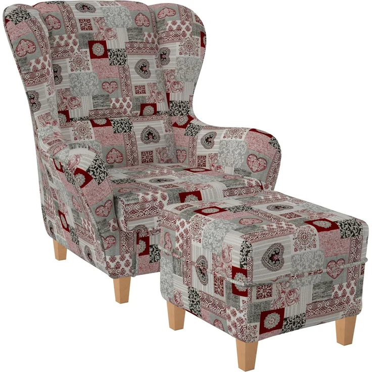 Supellex Sofia Ohrensessel mit Hocker | Design Patchwork Ornamente, Herz Rot – Bild 1