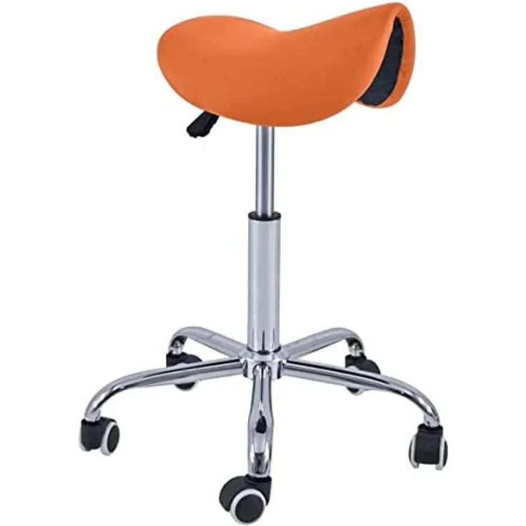 QUIRUMED Pony-Hocker mit 5 Rädern, Chromgestell, orange Farbe, Kunstlederpolsterung, höhenverstellbar, leicht, ergonomisches Design, drehbar, bis zu 150 kg