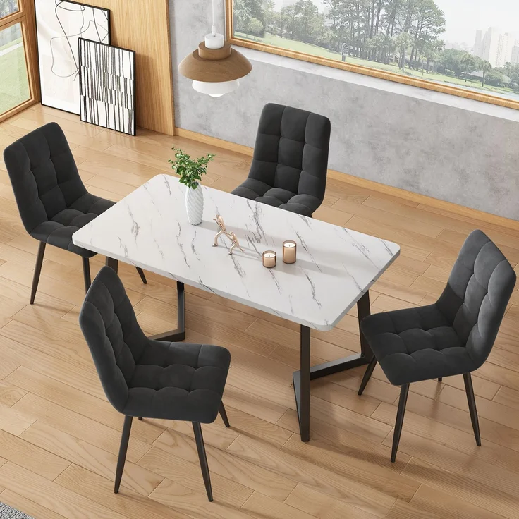 Merax Essgruppe, (Set, 5-tlg, Tisch mit 4 Stühlen), Esstisch und 4 Esszimmerstuhl Set Polsterstühle Küchetisch Marmoroptik, Grau – Bild 2