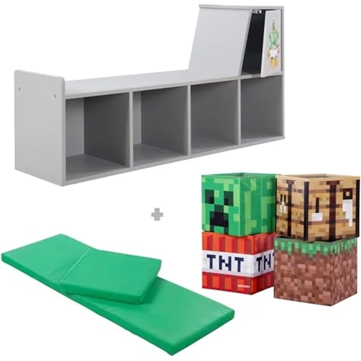 MINECRAFT - Sitzbank, Leseregal, Bank mit Sitzkissen und Stauraum, Kindermöbel mit buntem Design – Bild 3