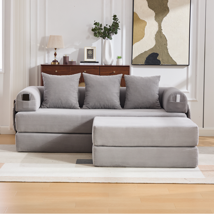 Modulares Cordsofa mit Hocker, Metallgestell & Seitentasche, 200x190x67 cm, Hellgrau