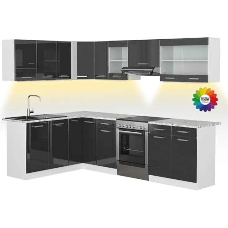 Eckküche Rick Anthrazit Hochglanz/Weiß 270 x 60 cm , AP Marmor mit LED-Leisten Vicco – Bild 2