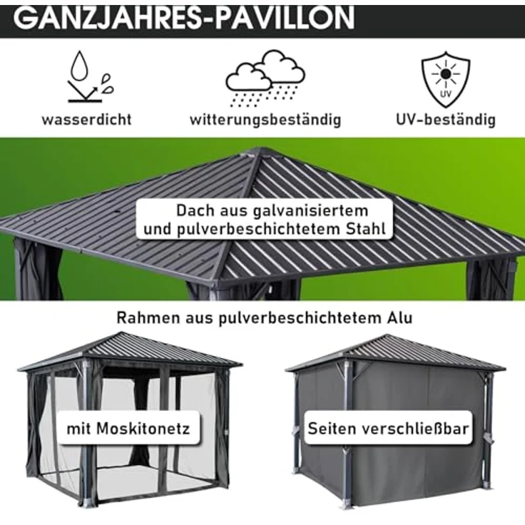 BRAST Pavillon Aluminium Miami 3x3m, Hardtop mit Stahlach, wasserdicht, UV-Schutz, anthrazit, inkl. Moskitonetz und LEDs – Bild 4