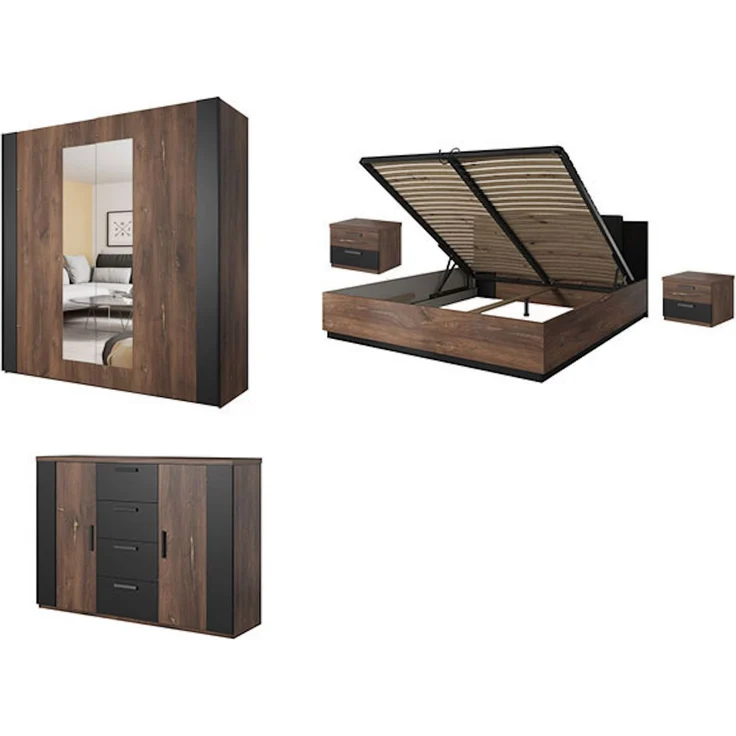 Schlafzimmer-Set komplett Sigma 5-teilig Ausführung Flagstaf Eiche dunkel - kupferrote App. / schwarz