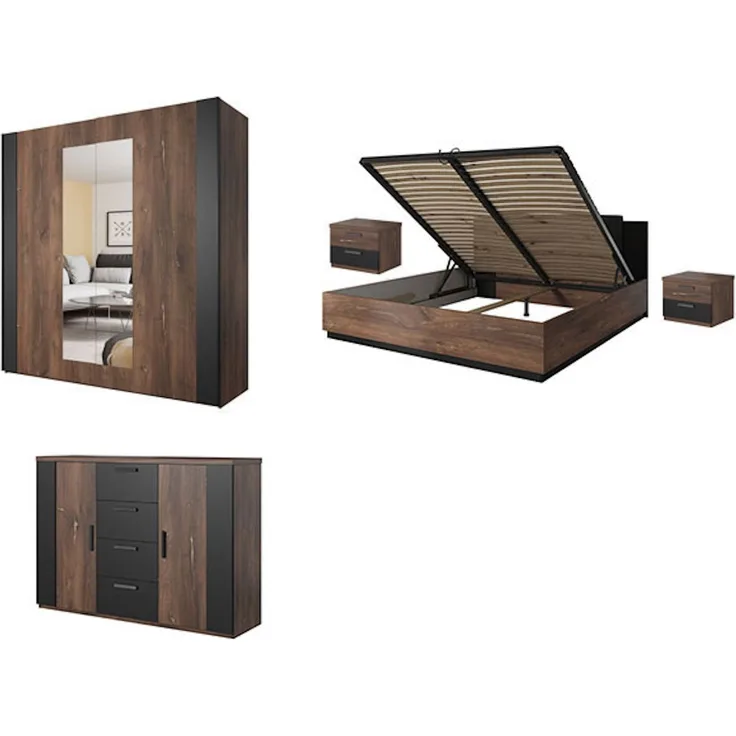 Schlafzimmer-Set komplett Sigma 5-teilig Ausführung Flagstaf Eiche dunkel - kupferrote App. / schwarz