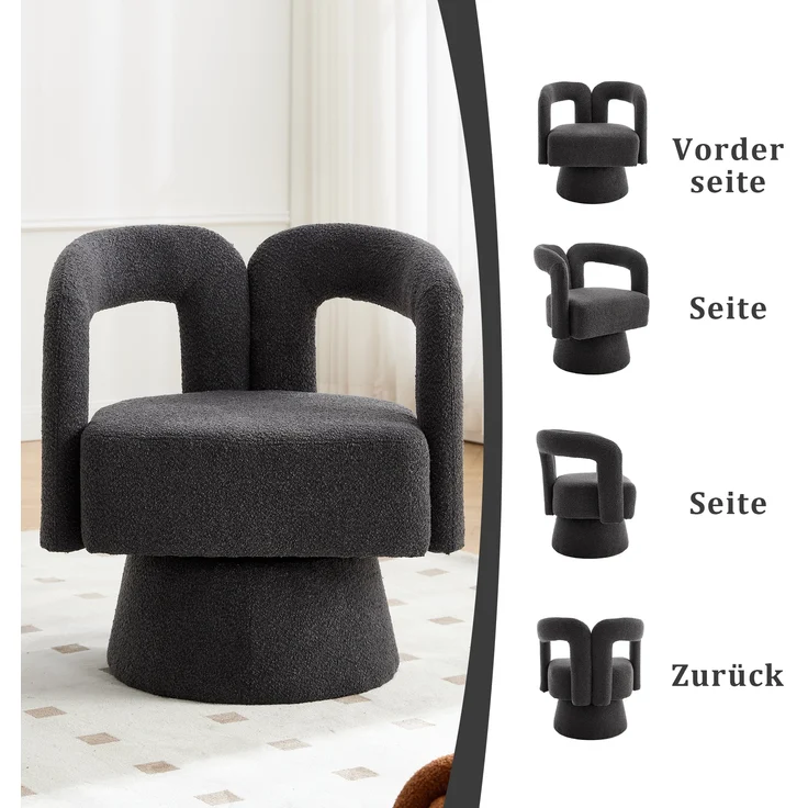 LVHOM Polsterstuhl 360° drehbar, Drehsessel Bouclé-Stoff, Loungesessel mit Armlehnen, Armlehnenstuhl Relaxsessel, Dunkelgrau – Bild 9