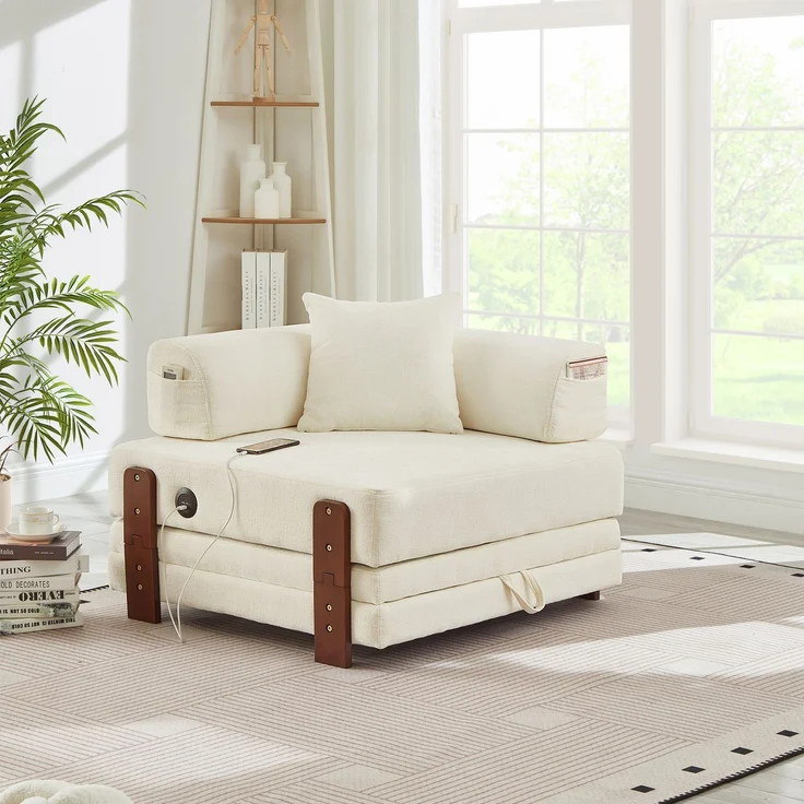EINHOM 2-in-1 Folding Sofa mit Schlaffunktion & USB/Type C Port & Stauraum, Compact Sofa Bed mit Armrests für Small Spaces, Guest Room & Loft - Beige – Bild 4