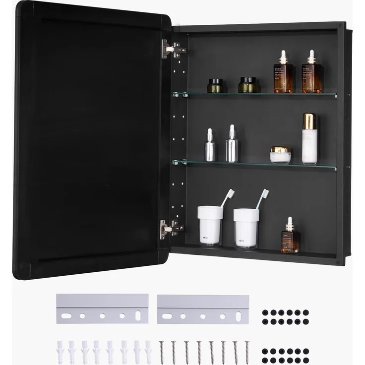 VEVOR Spiegelschrank verspiegelter Arzneischrank Medizinschrank (662 x 135 x 762 mm) für Badezimmer mit Spiegeltür & verstellbaren Glasböden, Einbau- und Wandmontage, Aluminiumrahmen, Badschrank