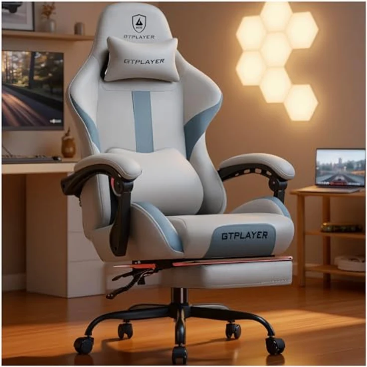 GTPLAYER Gaming-Stuhl Ergonomischer Gaming Sessel Schreibtischstuhl Gamer Stuhl aus Stoff, Federsitzkissen mit Fußstütze – Bild 2