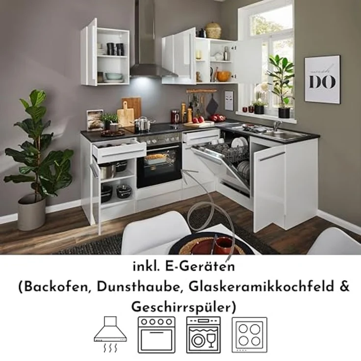 Jazz 8 Moderne Eckküche ohne Elektrogeräte in Weiß Hochglanz, Metallic Grau - Geräumige Küchenzeile in L-Form mit viel Stauraum - 220 x 211 x 60 cm (B/H/T) – Bild 4