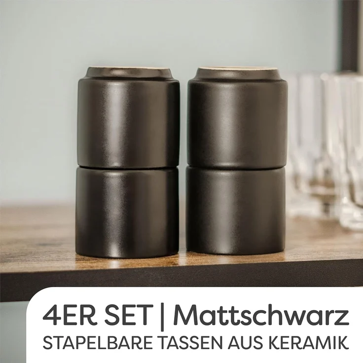 Cosumy Espressotasse Espressotassen Schwarz 4er Set aus Keramik - Stapelbares Design, 4-tlg, Keramik, 70ml – Bild 5
