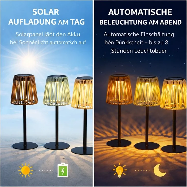 formano Außen-Tischleuchte 3er Solar LED Gartenlampe Rattan Optik Solarleuchten Außen Outdoor, LED fest integriert – Bild 4