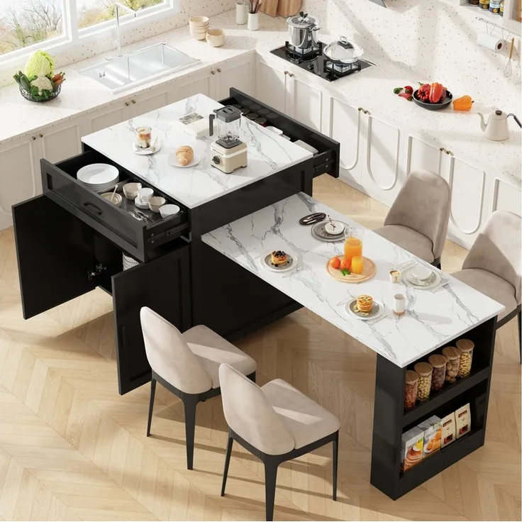 Flieks Kücheninsel mit ausziehbarer Esstisch, (Schrankmaße: B80/T70/H93,5 cm, Tischmaße: B124/T59/H75 cm), Küchenschrank mit Arbeitsplatte, 2 Schublade und 4 Fächern Buffet