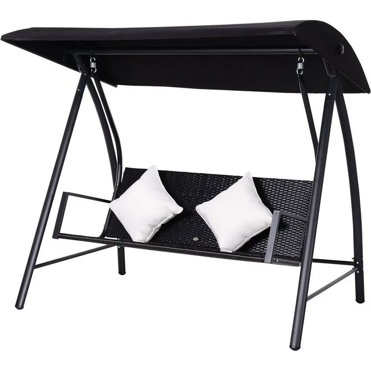 Outsunny Hollywoodschaukel Polyrattan mit Kissen belastbar bis 360kg, 3-Sitzer, Bettfunktion, Rattenschaukel, 1 tlg, Schaukel, Metall Schwarz 198B x 124T x 179H cm