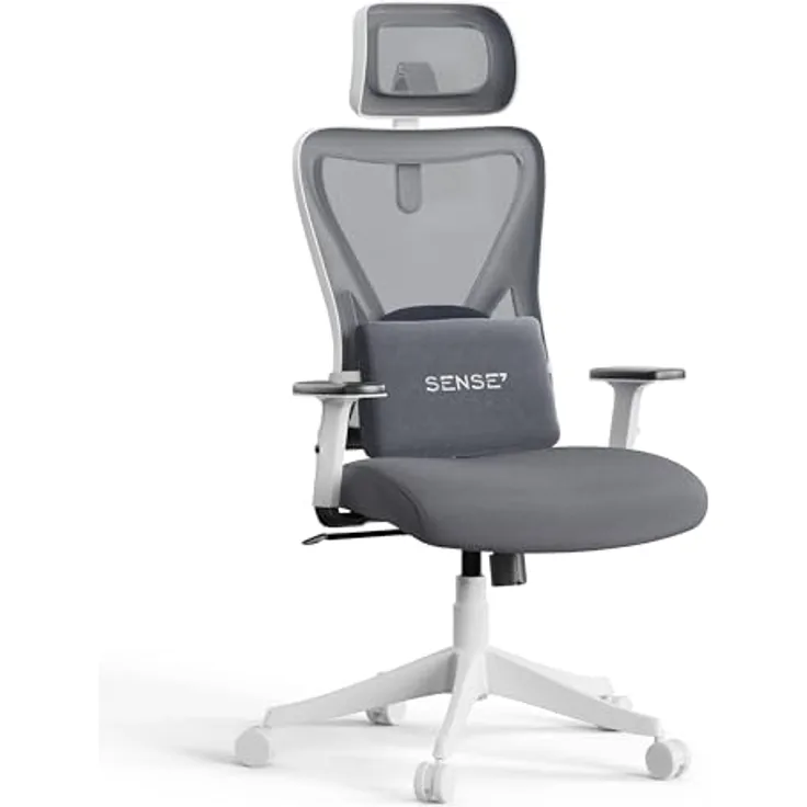 SENSE7 Bürostuhl Ergonomisch - FlowTech™ Schreibtischstuhl mit Verstellbarer Lordosenstütze & Kopfstütze für Arbeitstage - Atmungsaktives Mesh Ergonomischer Bürostuhl bis 150kg – Tone Weiß-Grau