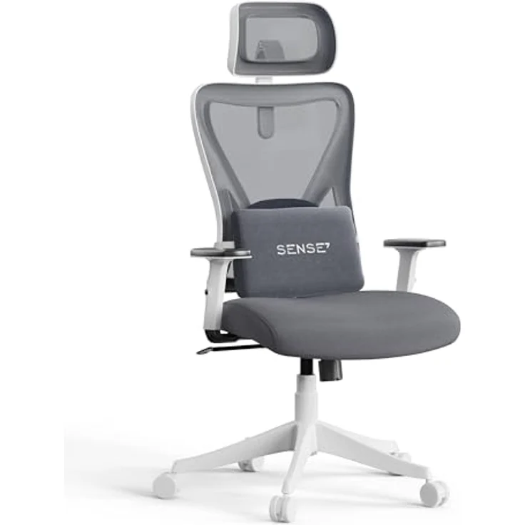 SENSE7 Bürostuhl Ergonomisch - FlowTech™ Schreibtischstuhl mit Verstellbarer Lordosenstütze & Kopfstütze für Arbeitstage - Atmungsaktives Mesh Ergonomischer Bürostuhl bis 150kg – Tone Weiß-Grau – Bild 1