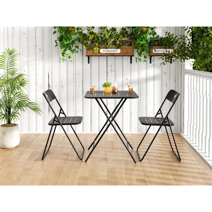 JARDJ Dreiteiliges, faltbares Bistro-Set für den Außenbereich, E-Beschichtung, 2 Stühle und 1 Tisch, wetterbeständiges Set für Terrasse und Garten, Schwarz