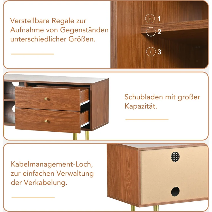 TV-Schrank, 160x40x60 cm, Walnuss-TV-Schrank mit Rattan-Schiebetüren, 2 Schubladen & Metallfüßen – Bild 6