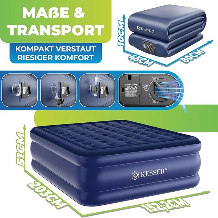 KESSER® Aufblasbare Matratze Luftbett Selbstaufblasend Gästebett mit eingebauter elektrischer Pumpe, Luftmatratze für Camping oder Heimgebrauch Mit Tasche, geeignet für 2 Person - 203 x 152,5 x 51 cm – Bild 6