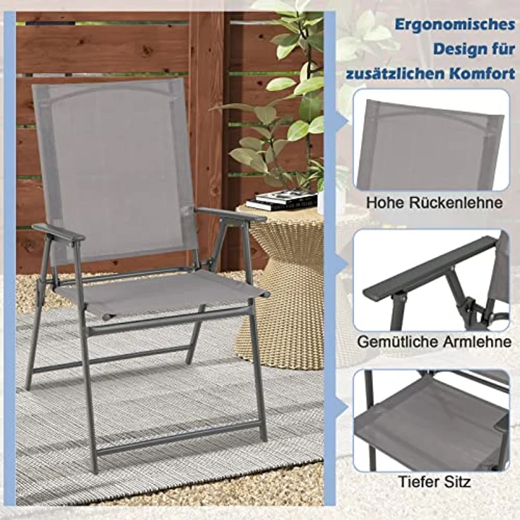 COSTWAY 2er Set Gartenstühle, Hochlehner Klappstühle mit wetterfestem Stoff, Balkonstühle mit Armlehnen, Terrassenstühle bis 150 kg belastbar, für Garten, Terrasse, Balkon, Grau – Bild 6