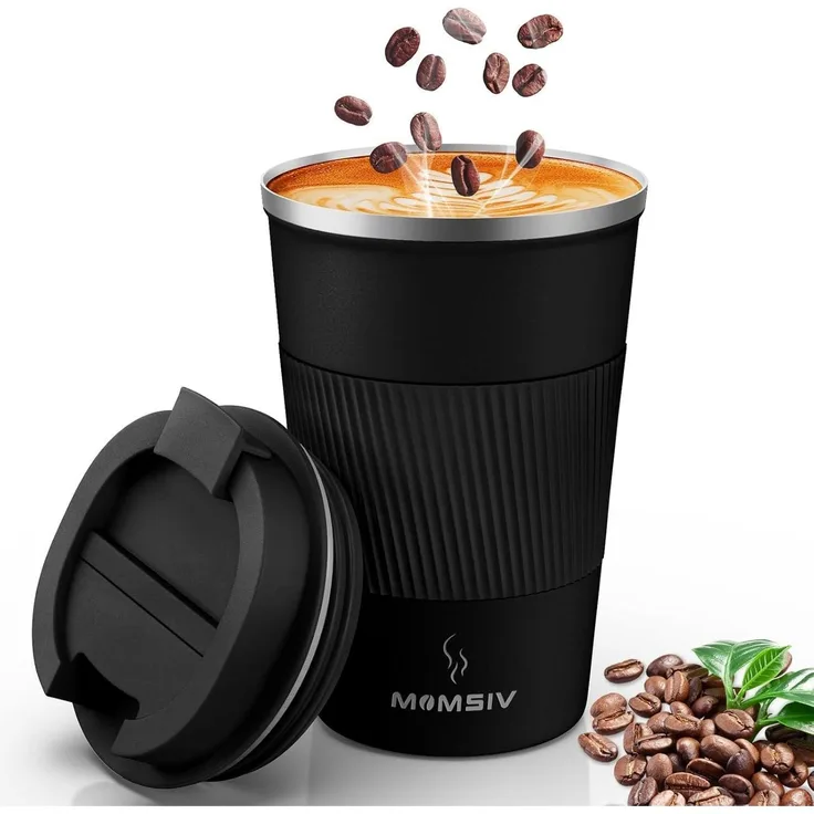 MOMSIV Thermobecher Isolierbecher 380ml Edelstahl Travel Mug Schwarz
