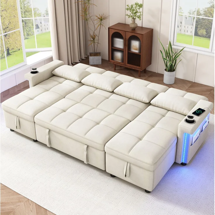 U-förmiges Ecksofa, Chenille mit Schlaffunktion und Stauraum, 268,5 x 141,5 x 90 cm, Beige – Bild 2