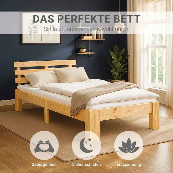 Einzelbett Holzbett 90x200 mit Lattenrost Natur Kiefer Bett Bettgestell Massivholz – Bild 5