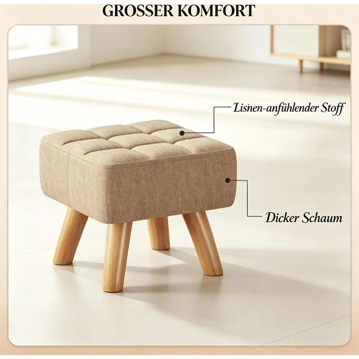Hocker 27x27x26 cm mit gepolsterter Sitzfläche, Leinenbezug in Hellbraun – Bild 7