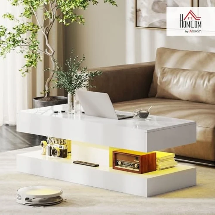 HOMCOM Couchtisch mit 12-Farbiger LED Beleuchtung, 2 Schublade, offenem Regal (Wohnzimmertisch, 1-St, Modern Beistelltisch), Kaffeetisch für Wohnzimmer 120 x 50 x 42 cm, Weiß – Bild 2