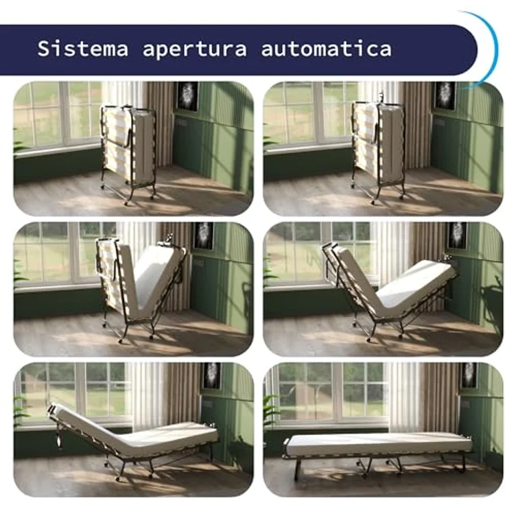 Cortassa - Klappbett mit 10 cm hoher Matratze aus Memory-Schaum, Einzel-Lattenrost mit Holzlatten 80x200 cm, platzsparendes Bett mit Rollen – Bild 7