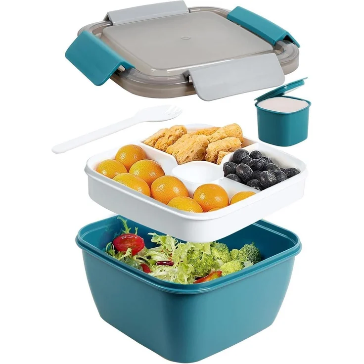 Salatbehälter 3 Fächer Dressingbehälter Gabel 1500 ML Dunkelblau – Bild 1
