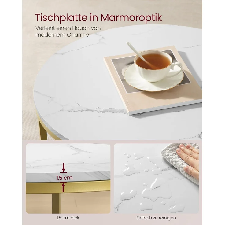 VASAGLE Couchtisch, Wohnzimmertisch, Sofatisch, für Wohnzimmer, mit Glasplatte, viel Stauraum, einfacher Aufbau, moderner Stil, marmorweiß-helles Gold LCT072W59 – Bild 5