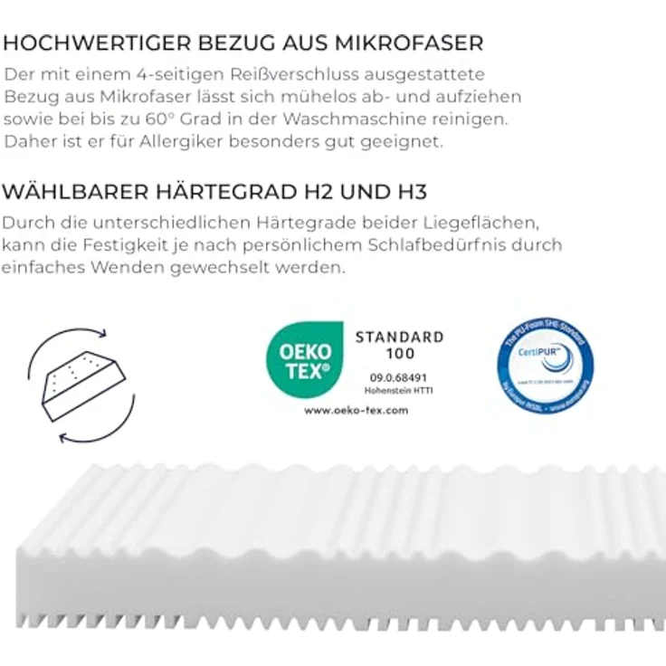 PURAMED Kaltschaummatratze - 200x200 cm - Höhe 18 cm - Härtegrad H2 & H3 - ergonomische 7-Zonen Matratze - produziert in Deutschland - waschbarer Mikrofaser-Bezug - Oeko-TEX® & CertiPUR Zertifiziert – Bild 7