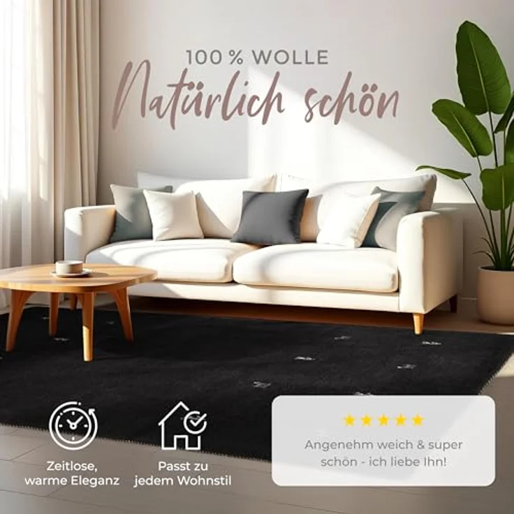 carpetfine 'Gabbeh Uni' Wollteppich, reine Wolle, Schwarz, 140x200 cm – Bild 3