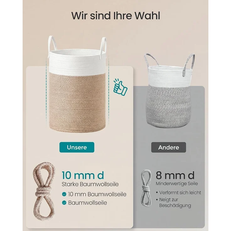 SONGMICS Wäschekorb, 60 L Wäschesammler für Kinder, Baumwollseil, mit Henkel, für Kinderzimmer, weiß-graubraun – Bild 4