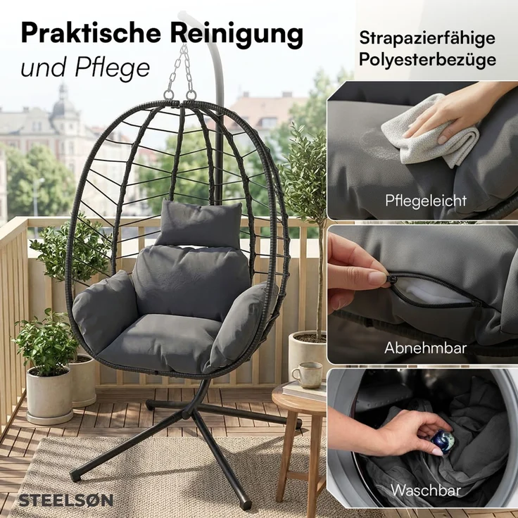 STEELSØN 'Alarian' Hängesessel mit Metallgestell, höhenverstellbar und faltbar, wetterfest, Polyrattan, dunkelgrau/schwarz, bis 150 kg belastbar, inkl. Kissen – Bild 7