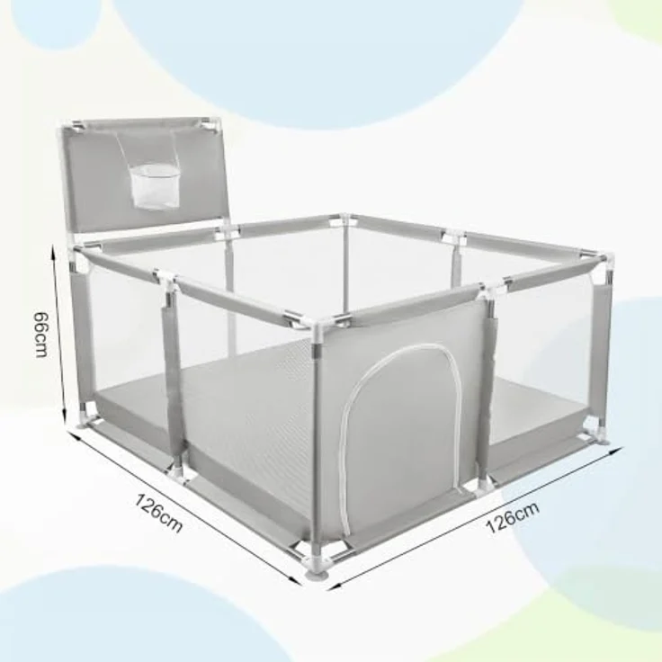 Laufstall aus Oxford-Stoff für kleine Kinder mit Barrieren und 50 Bällen, Basketballgestell, 4 Saugnäpfen, 126 x 126 x 66 cm, hellgrau – Bild 7
