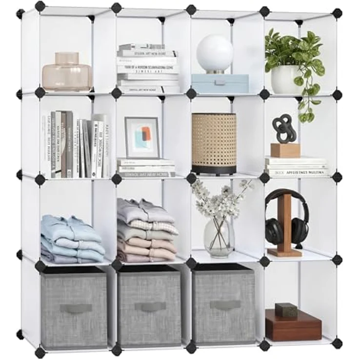 Songmics Schuhregal, Set aus 16 Würfeln, Regalsystem, DIY Würfelregal, stapelbar, aus PP-Kunststoff, als Garderobe, Raumteiler, für Schlafzimmer, Büro, 31 x 123 x 123 cm, weiß LPC44L – Bild 2