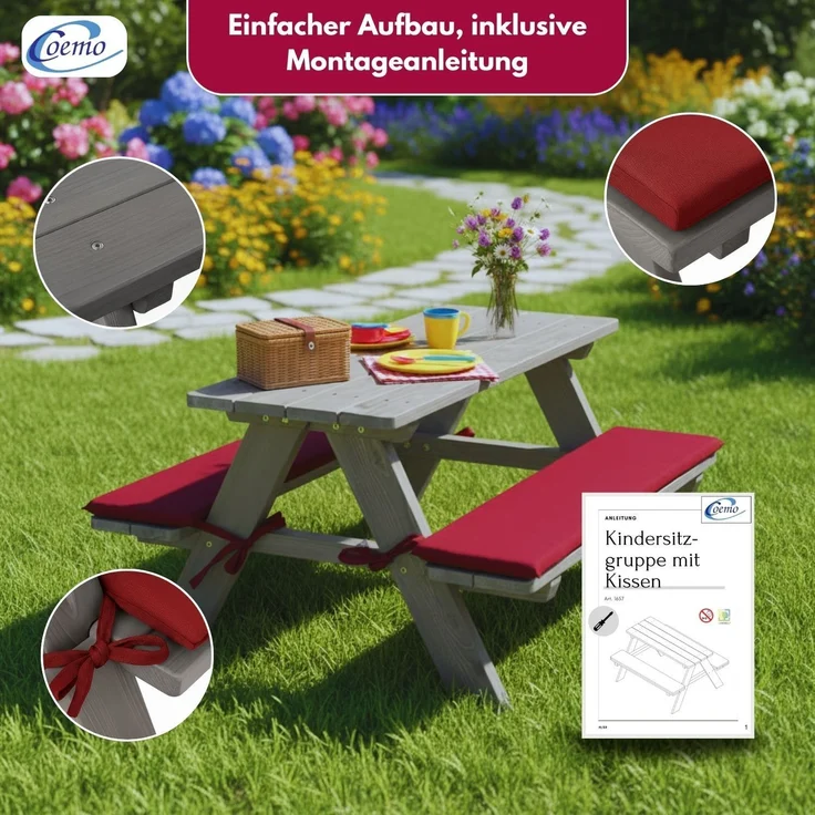 Coemo Kinder-Sitzgruppe Grau Picknicktisch mit Polster Spieltisch Gartentisch Holz – Bild 5