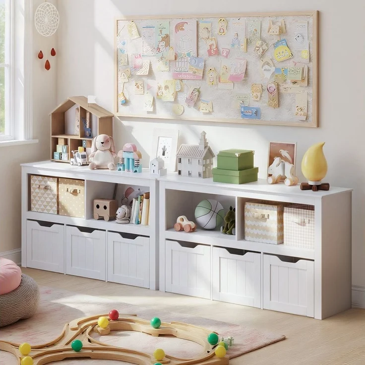 Blishom Spielzeugtruhe Kinderregal mit 3 rollbaren Spielzeugboxen & 2 Fächern, Niedriges Spielzeugregal, 360°-Rollen, abgerundete Kanten – Bild 4