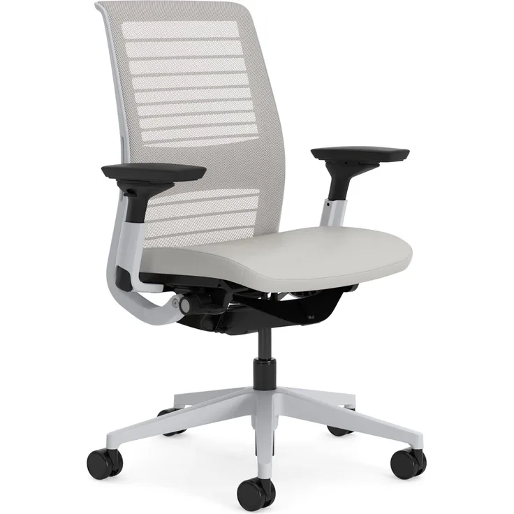 Steelcase Think Ergonomischer, höhenverstellbarer Bürostuhl mit verstellbarer Lordosenstütze und Armlehnen,  atmungsaktiver 3D-Microknit-Rückenlehne in Möwengrau und bequemer Bezug in Frost