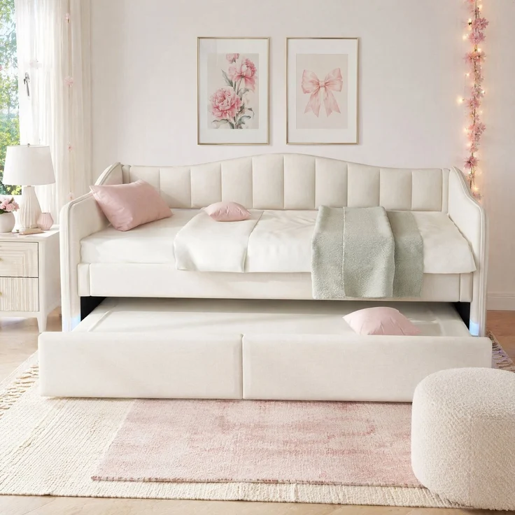 CHICFURN Bett aus Leinen, Beige, 90x200 cm, mit Ausziehbett und LED-Beleuchtung – Bild 2
