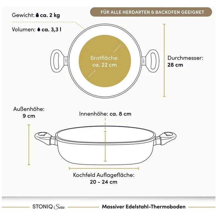 Hoffmann Germany Schmorpfanne Hoffmann STONIQ Bräter rund Ø 28 cm IQ-SHIELD PFAS-frei mit Deckel, Aluguss (Set, 2-tlg, 1x Schmorpfanne Ø 28 cm + 1x Glasdeckel), Seitengriffe, PFAS-frei, 3,3 l, Ø 28 cm – Bild 3