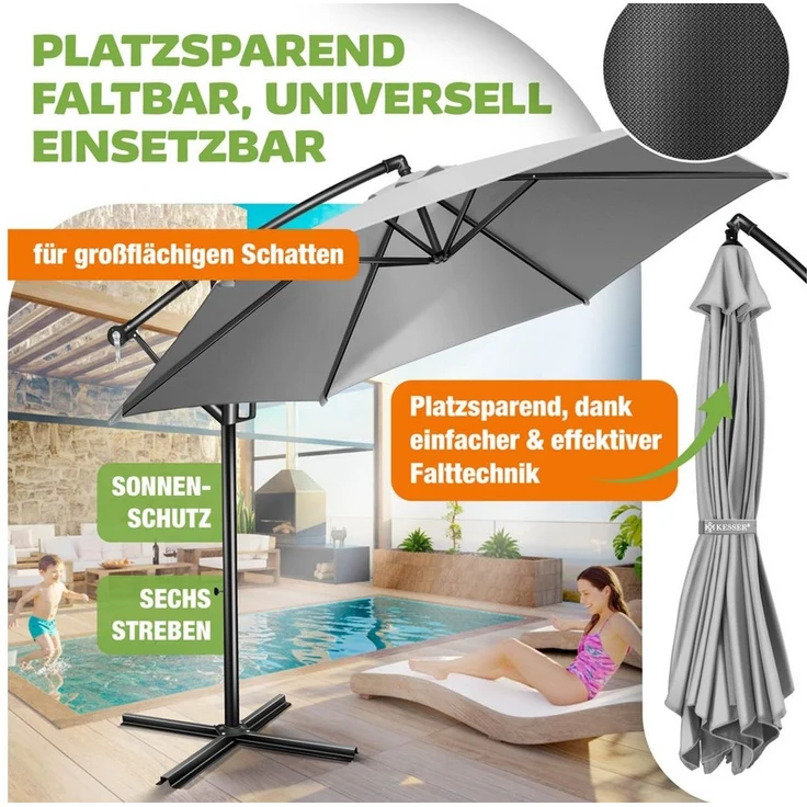 KESSER® Alu Ampelschirm Sonnenschirm + Abdeckung Ø300 cm / Ø350 cm mit Kurbelvorrichtung Kurbelschirm mit Ständer UV-Schutz Aluminium Wasserabweisende Bespannung - Schirm Gartenschirm Marktschirm 300cm, Hellgrau – Bild 2