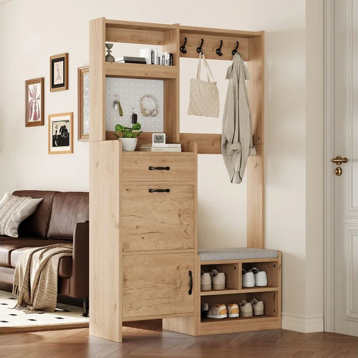 Merax Garderoben-Set in Naturholzoptik, Kompaktgarderobe mit Pegboard, (1-St, B108.5 × T35 × H180 cm), Flurgarderoben mit Schuhbank, 4 Kleiderhaken, Schublade & 2 Türen – Bild 2
