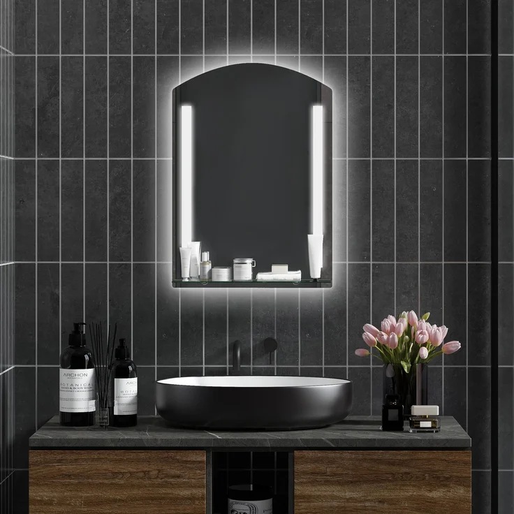 MELAYR, Badezimmerspiegel mit LED-Beleuchtung, elegant und hochwertig, Glas, Aluminium, 50 x 12 x 70 cm, Silber – Bild 4