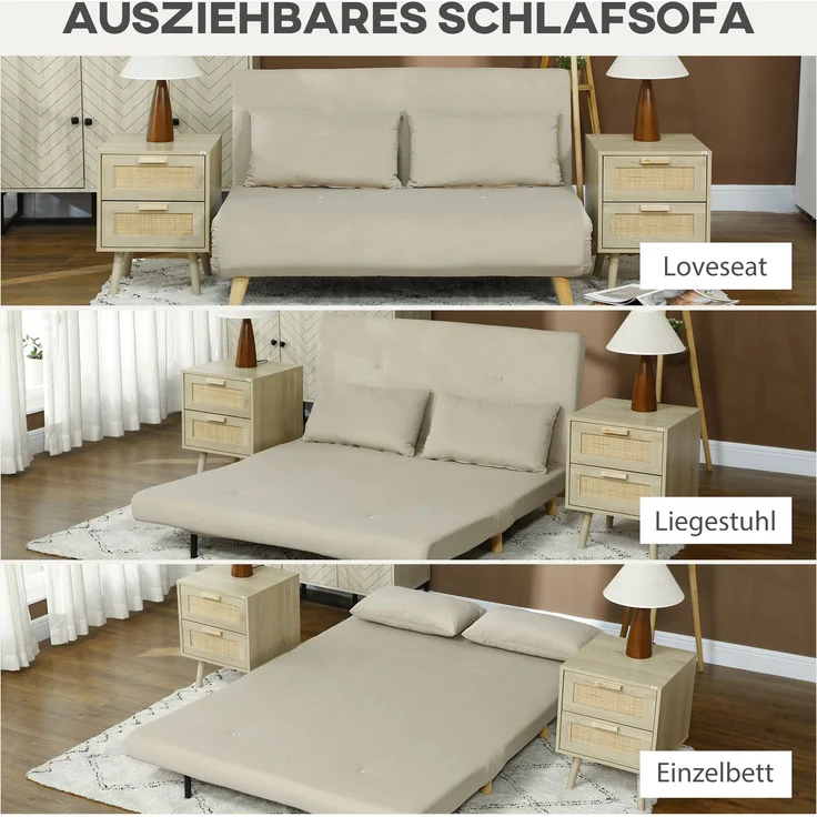 HOMCOM 2-Sitzer Sofa mit Bettfunktion, verstellbare Rückenlehne, bis 250 kg belastbar, Beige, 130 x 78 x 79 cm – Bild 4
