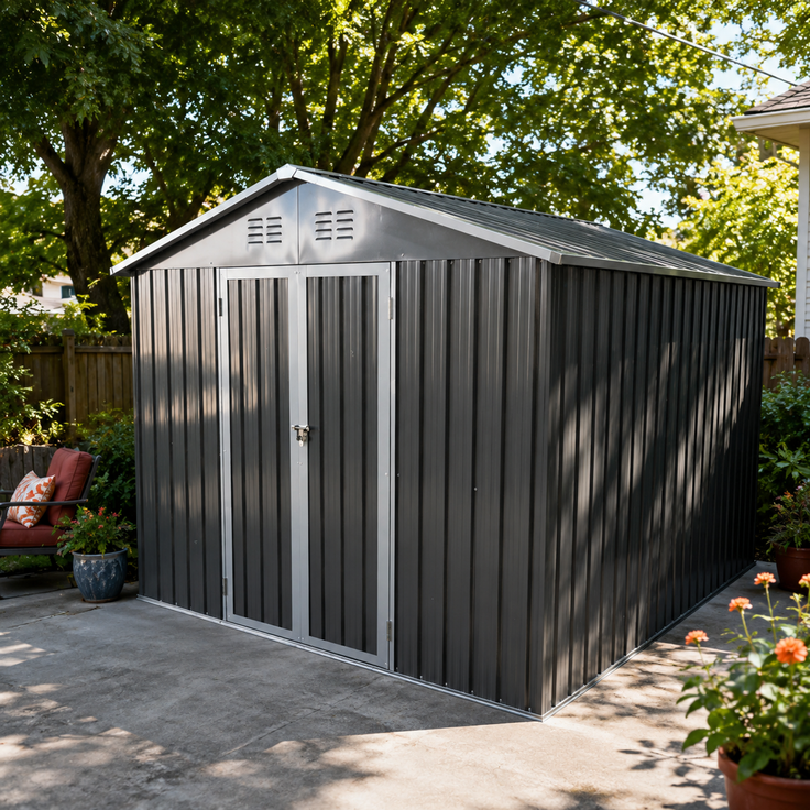 ZUBALIYA Metall-Gartenschuppen 10x8 ft mit Spitzdach in Grau als Außenlager. Der Schuppen ist mit einem integrierten Bodenrahmen ausgestattet. Grundfläche: 7,46 m² – Bild 3